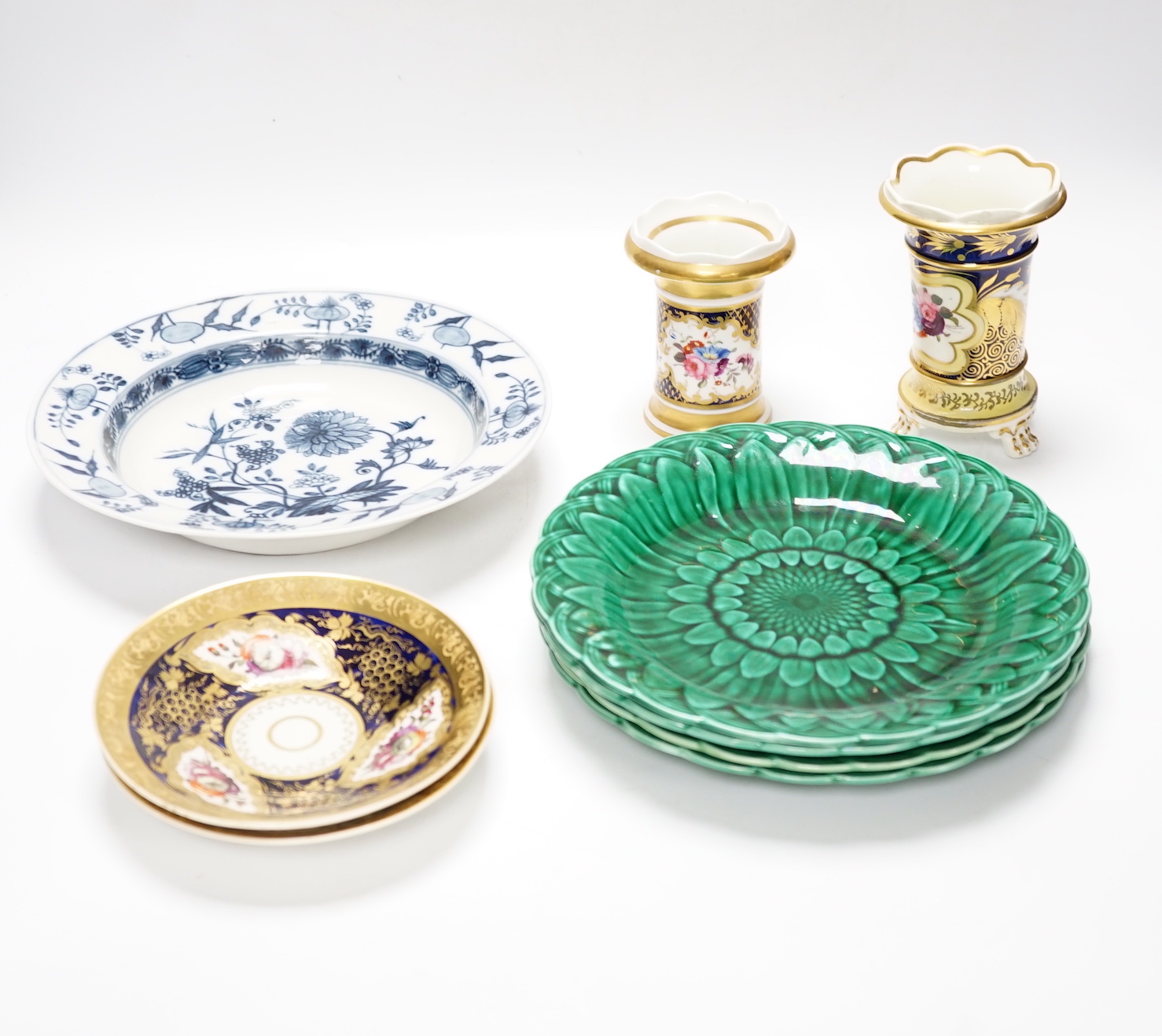 Four Victorian greenware plates, two Spode style vases, a pair of saucers and a blue and white plate